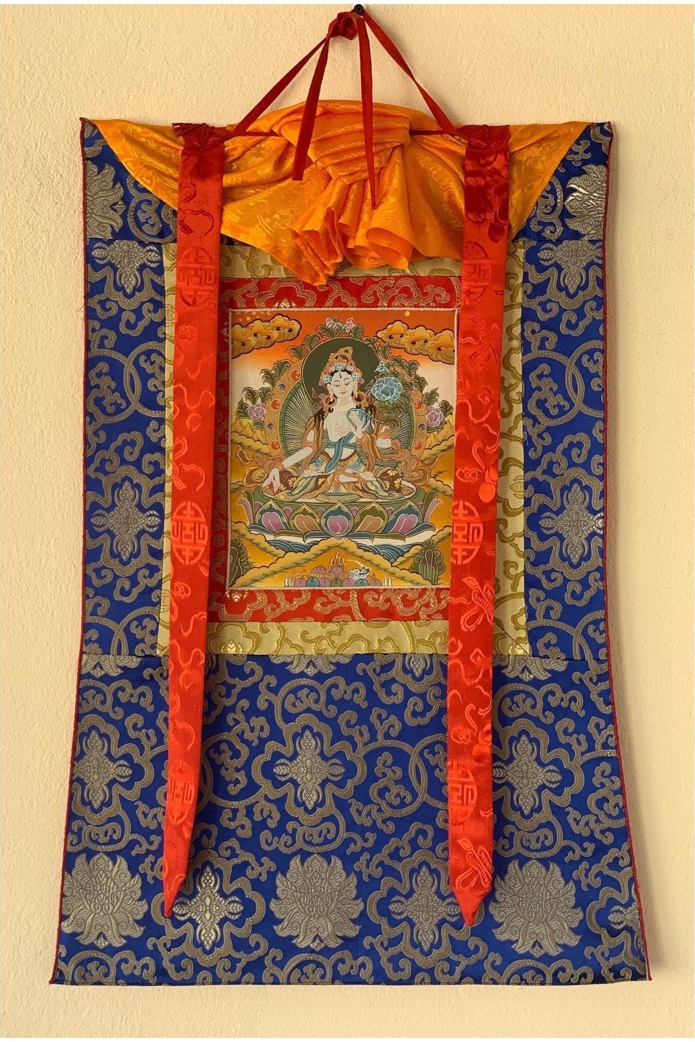 White Tara, Mother Buddha, Tibetan Thangka Painting, Original Art with Silk Frame ( Brocade) - Tibetan Thangka Art