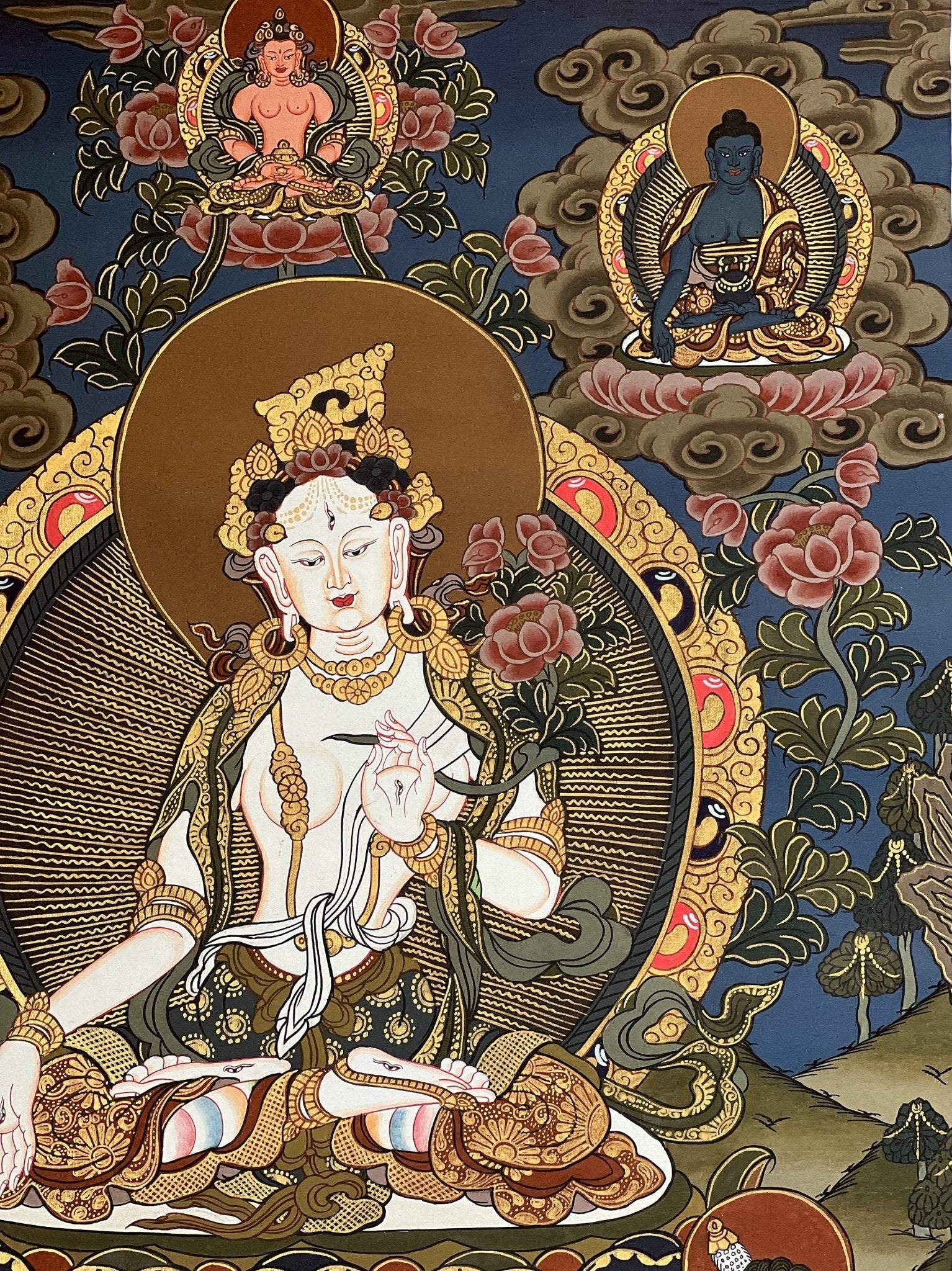 White Tara / Mother Goddess / Original Hand Painted Masterpiece Tibetan Compassion Meditation Thangka Painting with Premium Silk Brocade - Tibetan Thangka Art