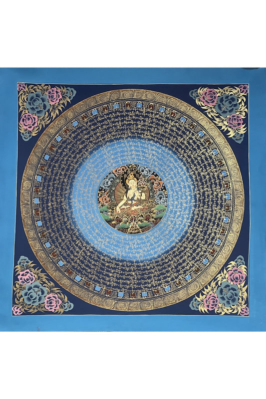White Tara Om Mantra Mandala Tibetan Thangka Painting, Original Hand - Painted Art for Meditation, Healing, Home Decor - Tibetan Thangka Art