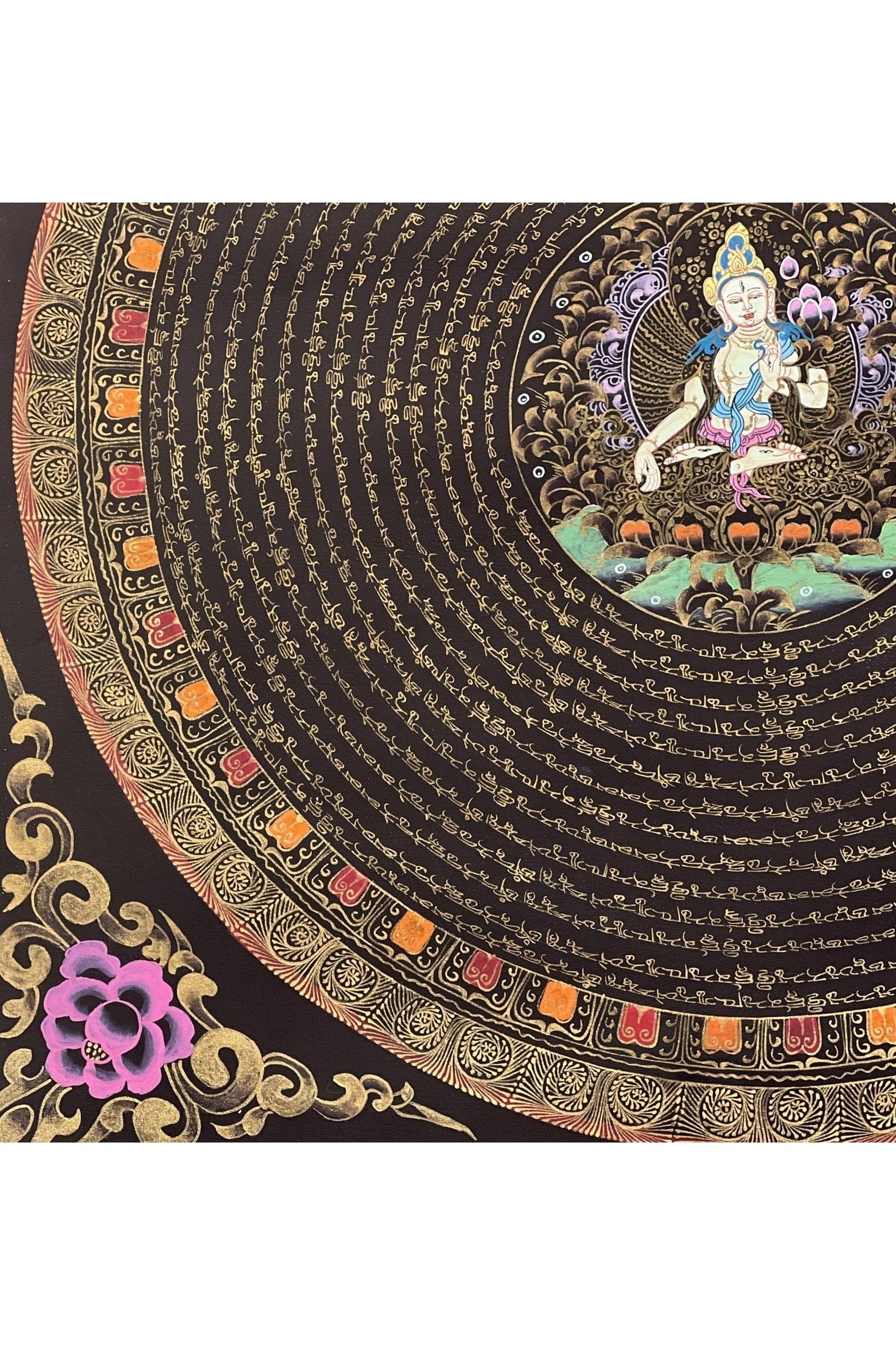 White Tara Sacred Om Mani Padme Hum Mantra Mandala Tibetan Thangka Painting/ Original Hand - Painted Art for Meditation/ Healing - Tibetan Thangka Art