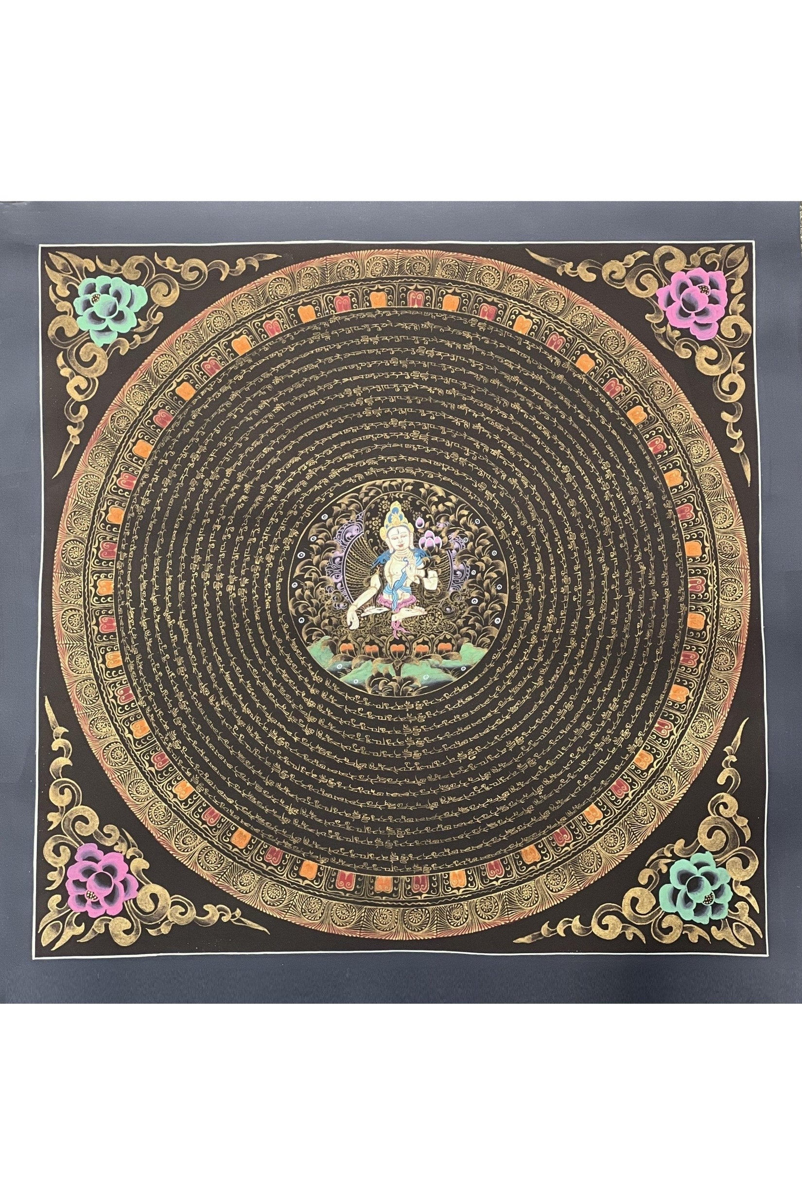 White Tara Sacred Om Mani Padme Hum Mantra Mandala Tibetan Thangka Painting/ Original Hand - Painted Art for Meditation/ Healing - Tibetan Thangka Art