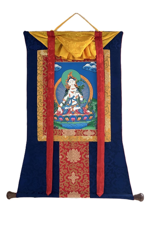 White Tara / Sitatara/ Mother Goddess/ Hand Painted Original Tibetan Thangka Painting, Buddhist Art with Silk Border - Tibetan Thangka Art