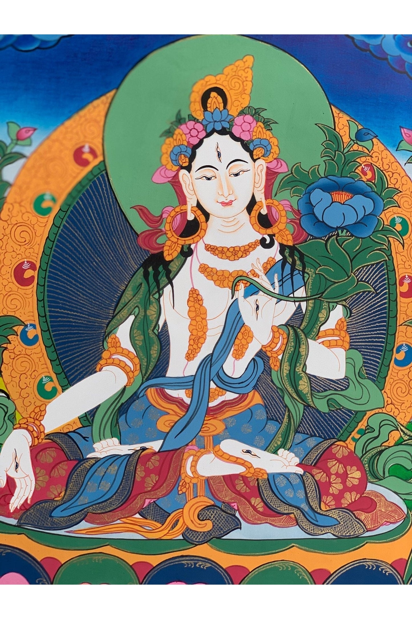 White Tara, Sitatara, Mother Goddess, Hand Painted Tibetan Thangka Painting, Original Art 15 x 19 Inch - Tibetan Thangka Art