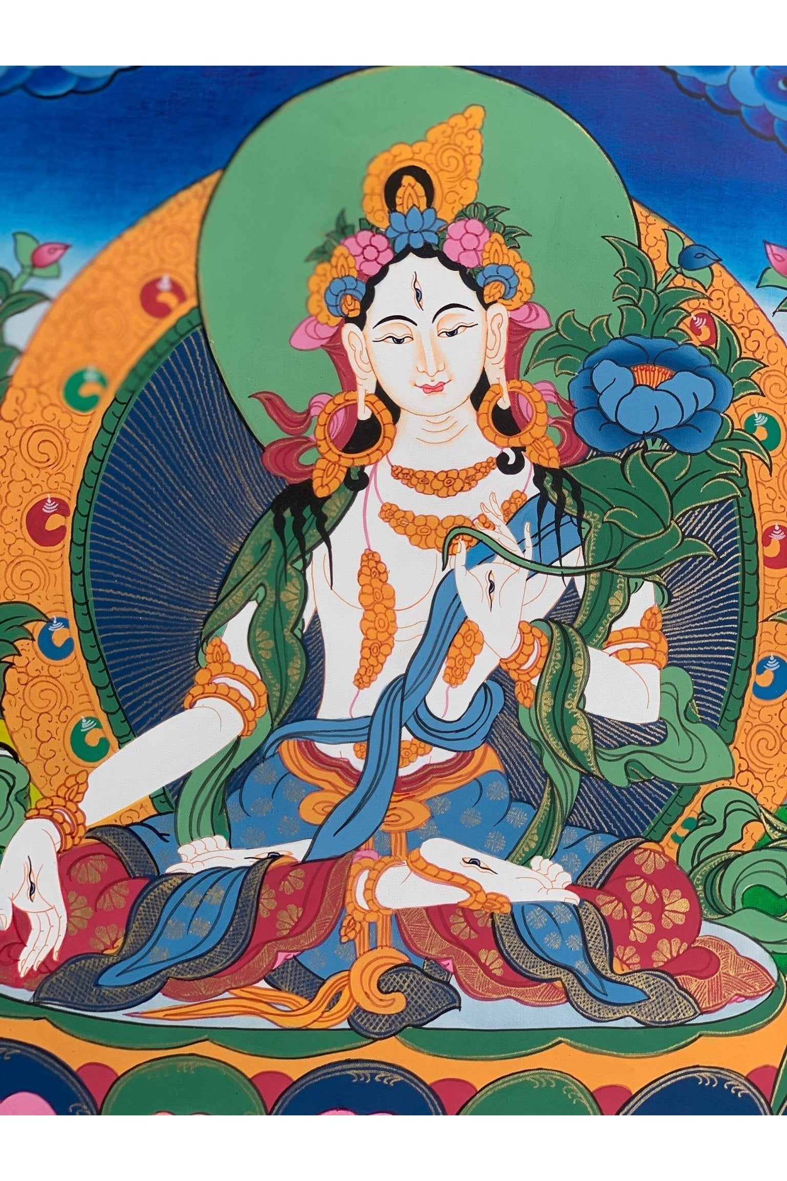 White Tara, Sitatara, Mother Goddess, Hand Painted Tibetan Thangka Painting, Original Art 15 x 19 Inch - Tibetan Thangka Art