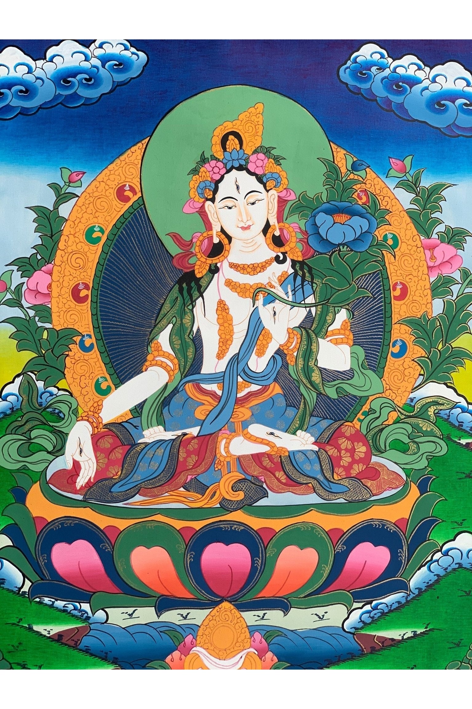 White Tara, Sitatara, Mother Goddess, Hand Painted Tibetan Thangka Painting, Original Art 15 x 19 Inch - Tibetan Thangka Art