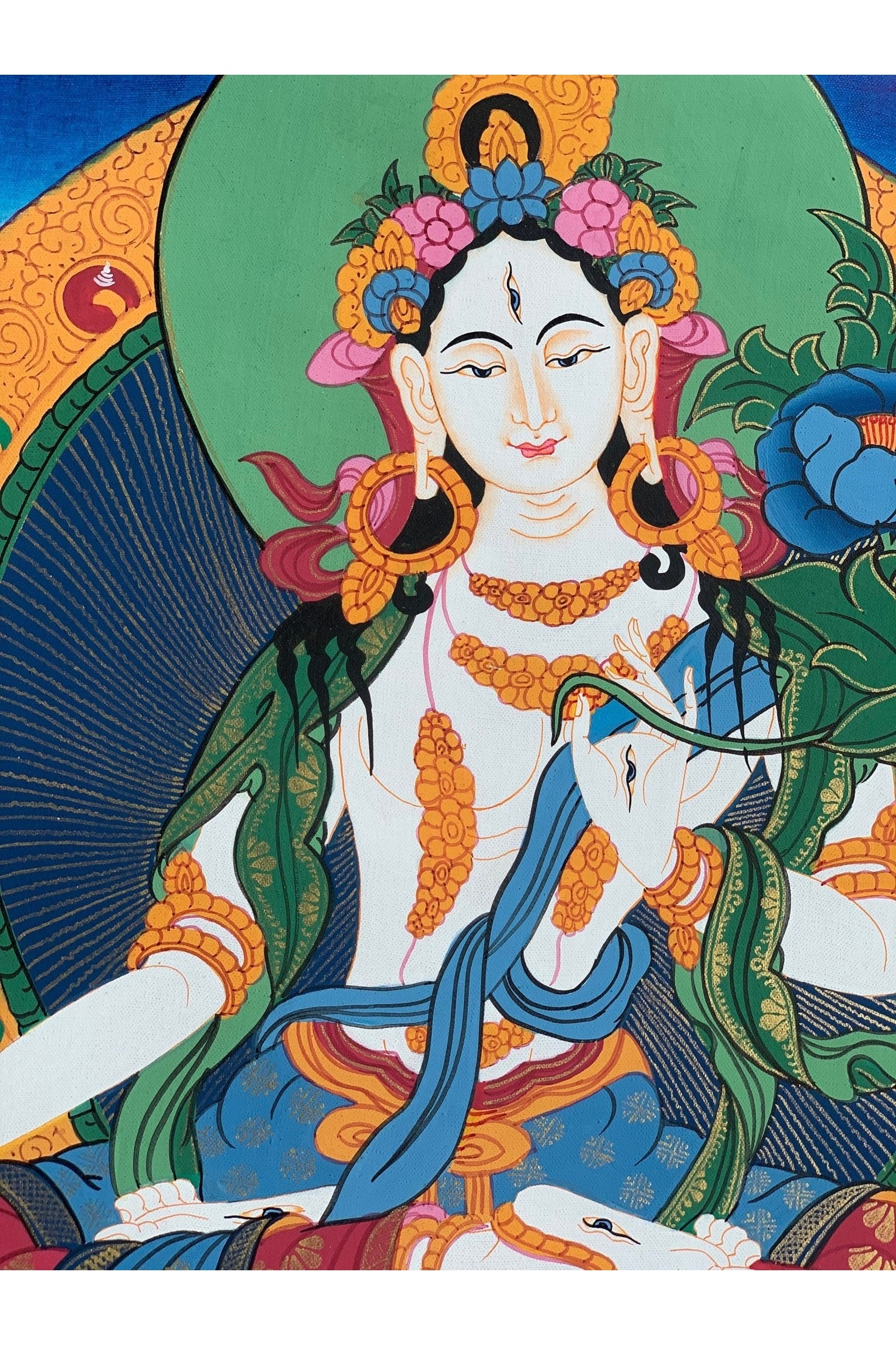 White Tara, Sitatara, Mother Goddess, Hand Painted Tibetan Thangka Painting, Original Art 15 x 19 Inch - Tibetan Thangka Art