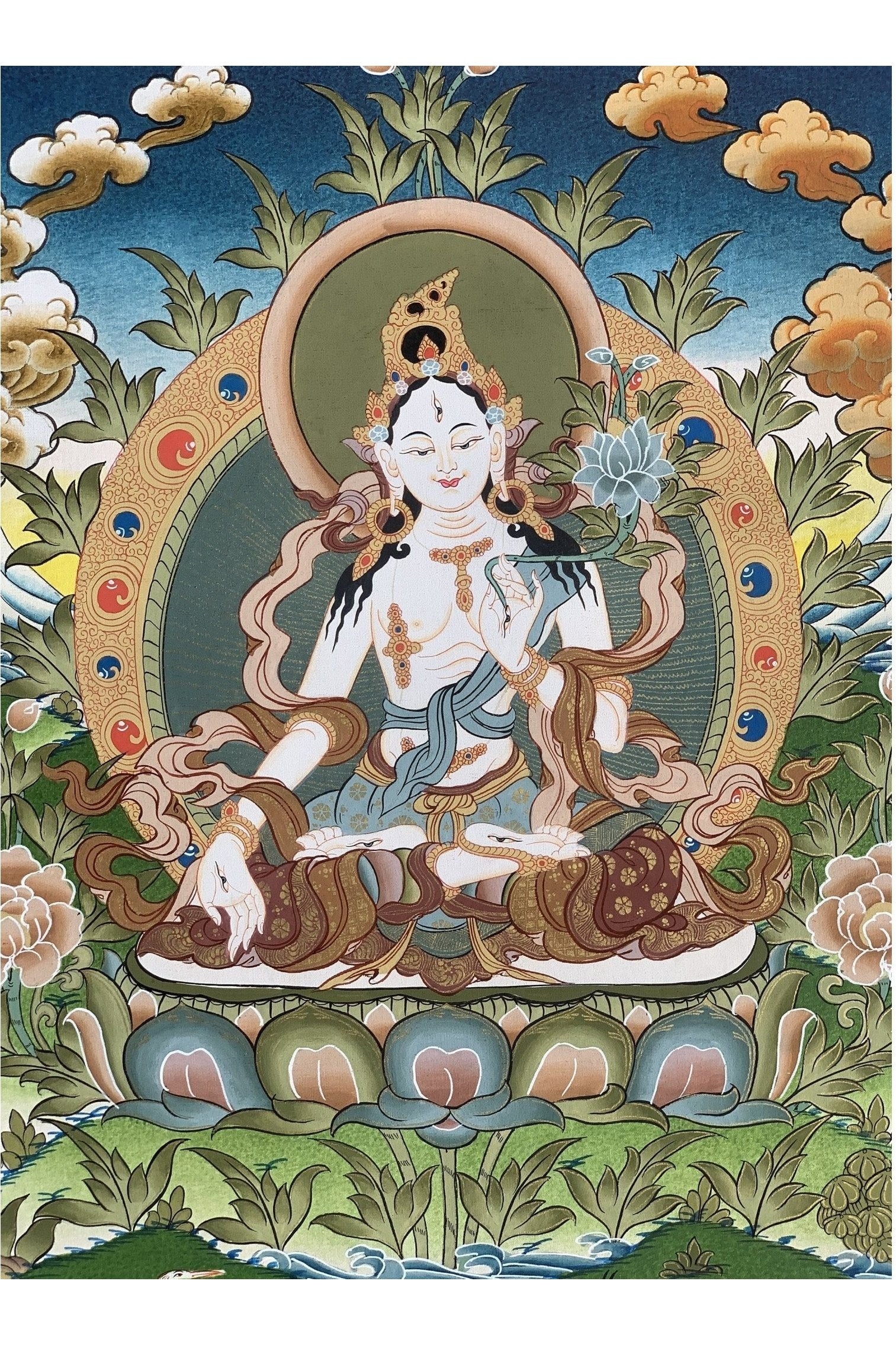 White Tara, Sitatara, Mother Goddess, Hand Painted Tibetan Thangka Painting Original Meditation Art 16 x 22 Inch - Tibetan Thangka Art