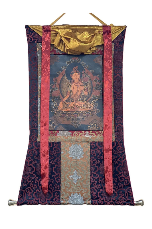 White Tara, Sitatara/ Mother Goddess Oil - Varnished Old Thangka Painting Original Art with Silk Brocade - Tibetan Thangka Art
