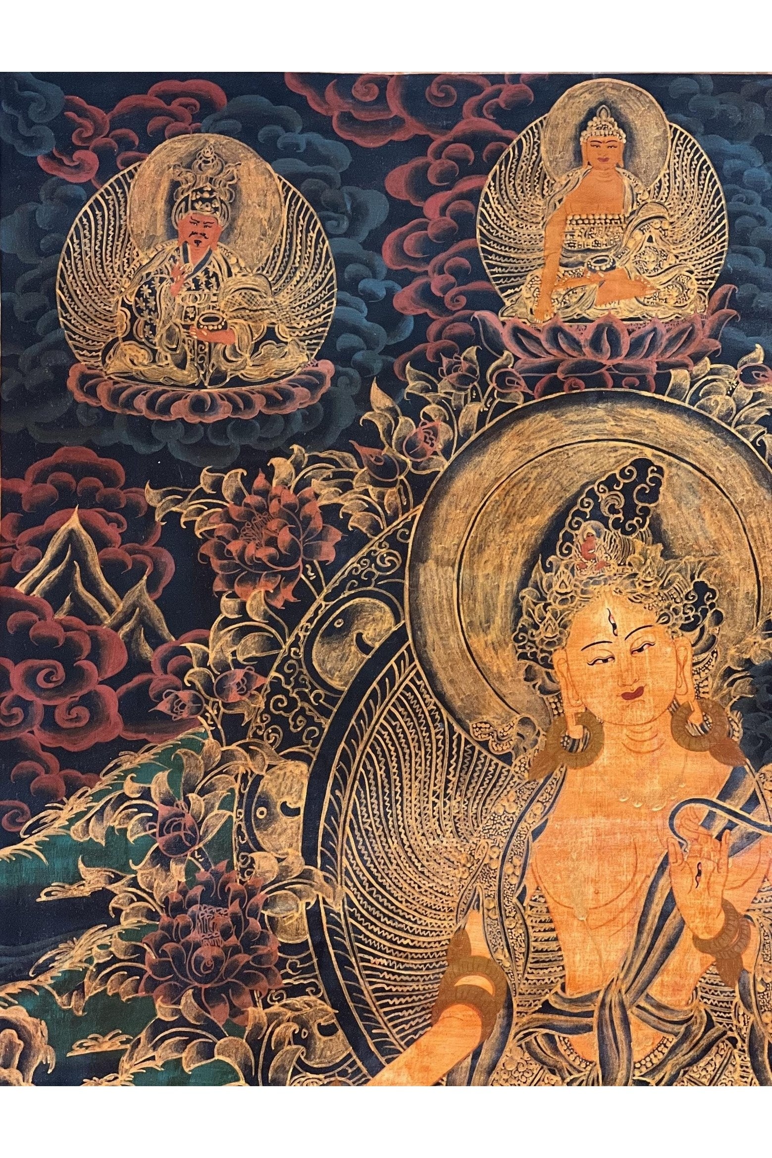 White Tara/ Sitatara/ Mother Goddess Old Oil Varnished Tibetan Thangka Painting/ Hand - Painting/ Buddhist Compassion Meditation Art - Tibetan Thangka Art