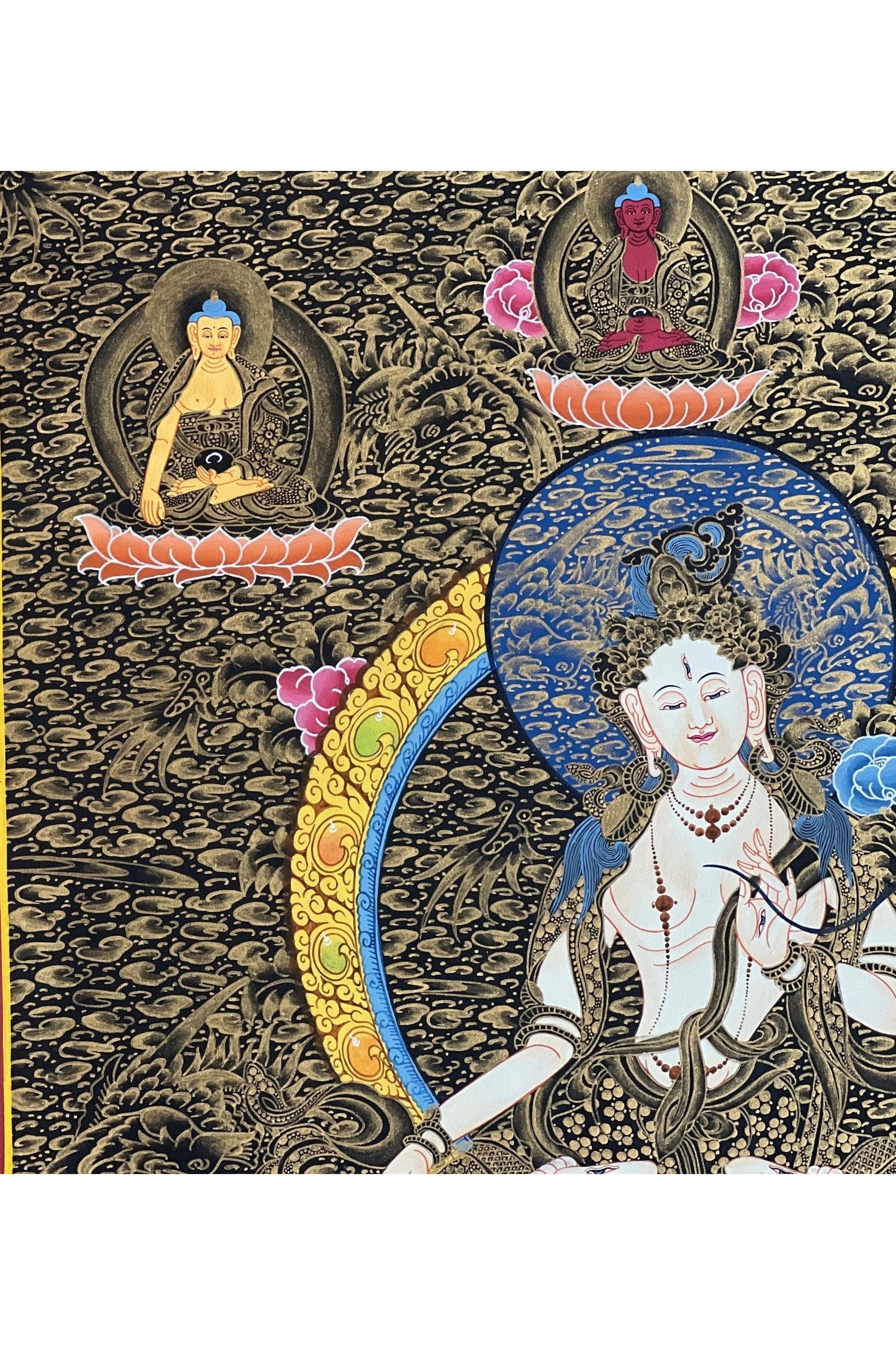 White Tara/ Sitatara/ Mother Goddess Original Masterpiece Tibetan Thangka Painting/ Hand - Painting/ Buddhist Compassion Meditation Art - Tibetan Thangka Art
