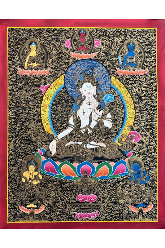 White Tara/ Sitatara/ Mother Goddess Original Masterpiece Tibetan Thangka Painting/ Hand - Painting/ Buddhist Compassion Meditation Art - Tibetan Thangka Art