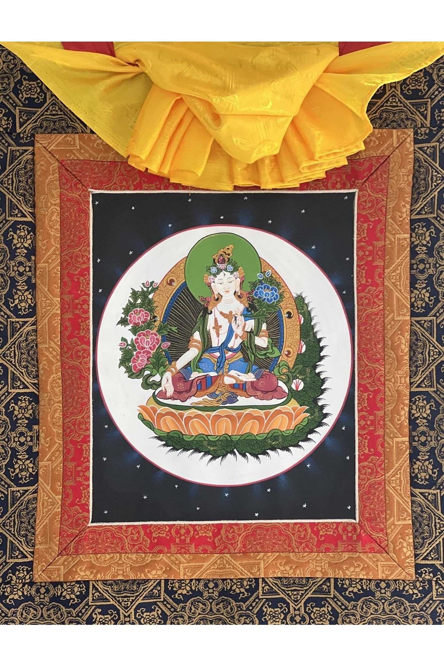 White Tara/ Sitatara / Mother Goddess Original Tibetan Thangka Painting/ Buddhist Meditation Art with Premium Silk Brocade - Tibetan Thangka Art
