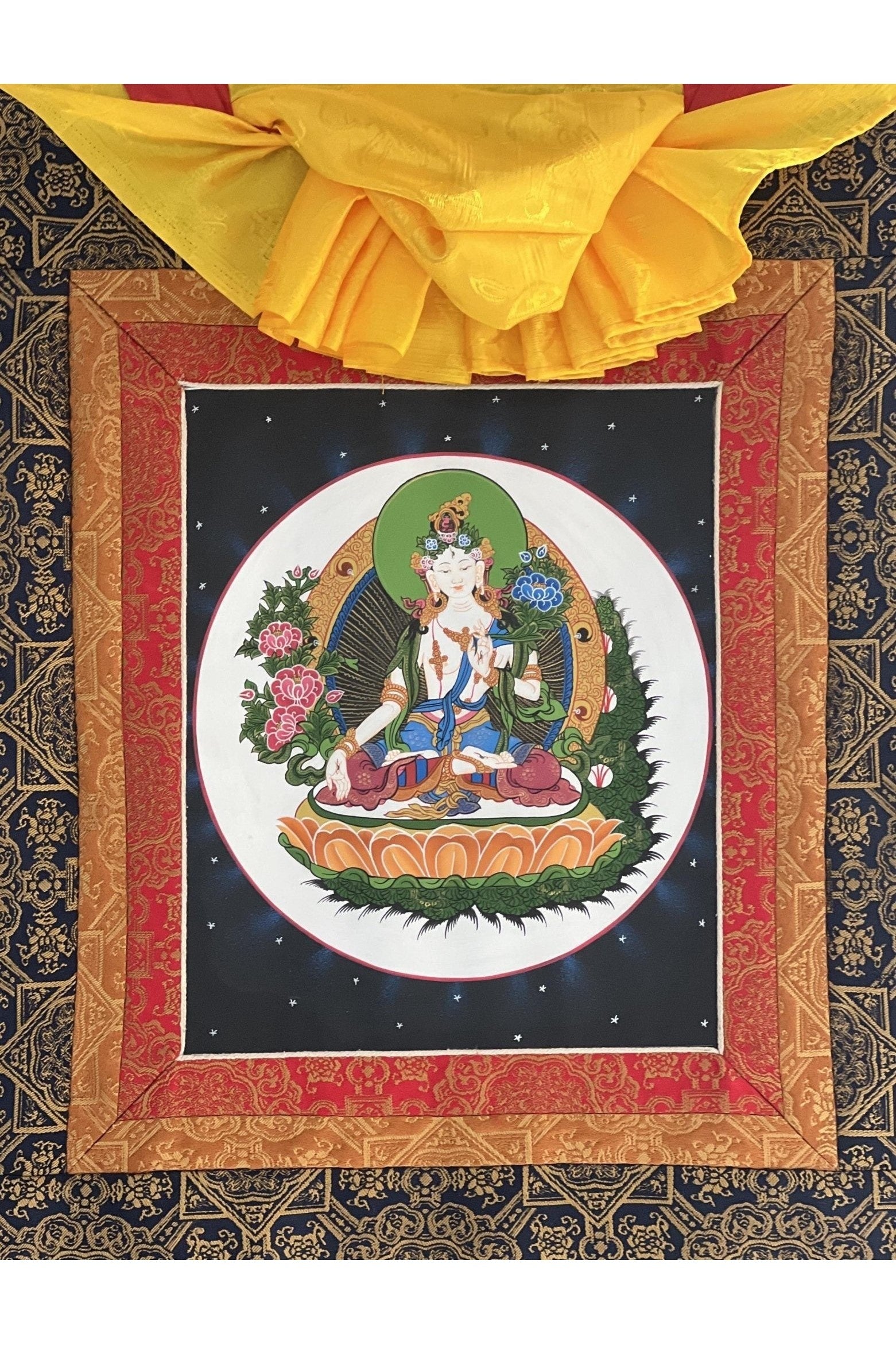 White Tara/ Sitatara / Mother Goddess Original Tibetan Thangka Painting/ Buddhist Meditation Art with Premium Silk Brocade - Tibetan Thangka Art