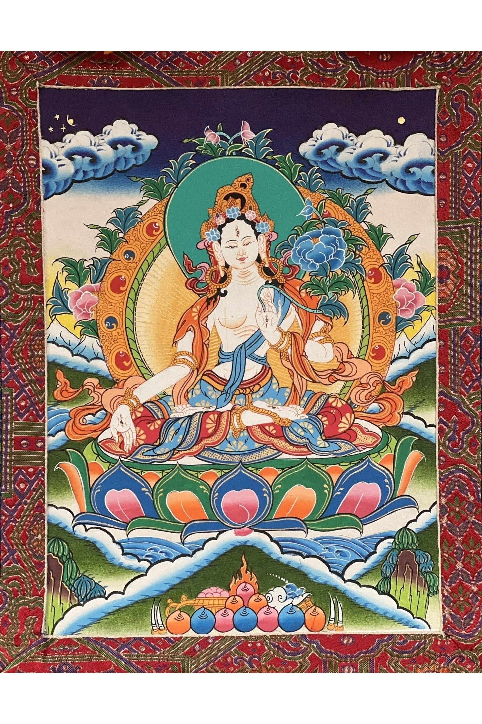 White Tara/Sitatara Goddess of Compassion Tibetan Thangka Painting/ Original Hand - Painted Buddhist Art with High - Quality Silk Brocade - Tibetan Thangka Art