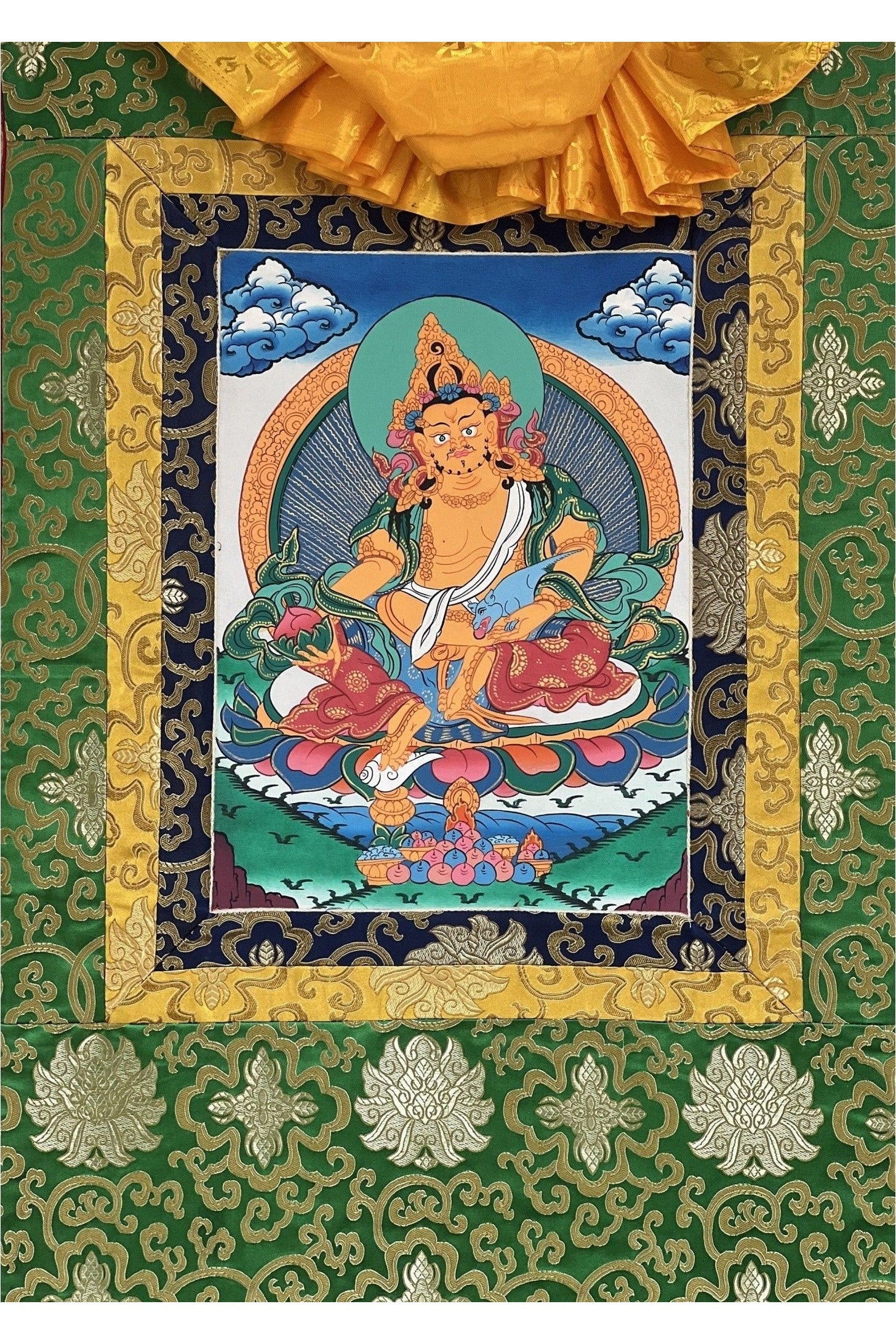 Yellow Jambhala/ Zambala/Kuber God of Wealth Tibetan Thangka Painting/ Original Buddhist Meditation Art with Silk Border - Tibetan Thangka Art