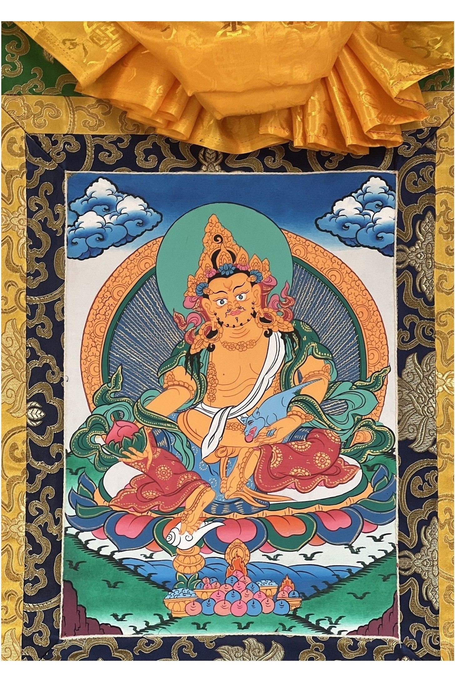 Yellow Jambhala/ Zambala/Kuber God of Wealth Tibetan Thangka Painting/ Original Buddhist Meditation Art with Silk Border - Tibetan Thangka Art