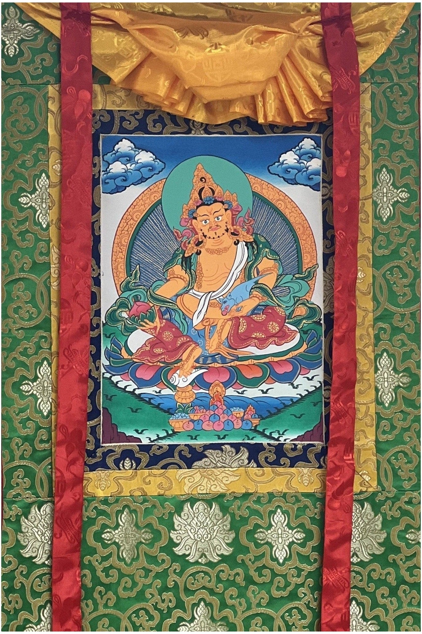 Yellow Jambhala/ Zambala/Kuber God of Wealth Tibetan Thangka Painting/ Original Buddhist Meditation Art with Silk Border - Tibetan Thangka Art