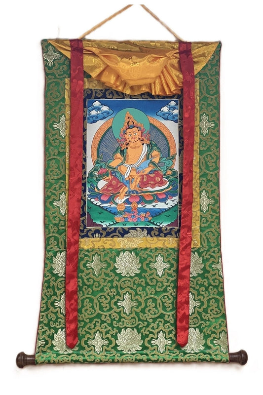 Yellow Jambhala/ Zambala/Kuber God of Wealth Tibetan Thangka Painting/ Original Buddhist Meditation Art with Silk Border - Tibetan Thangka Art