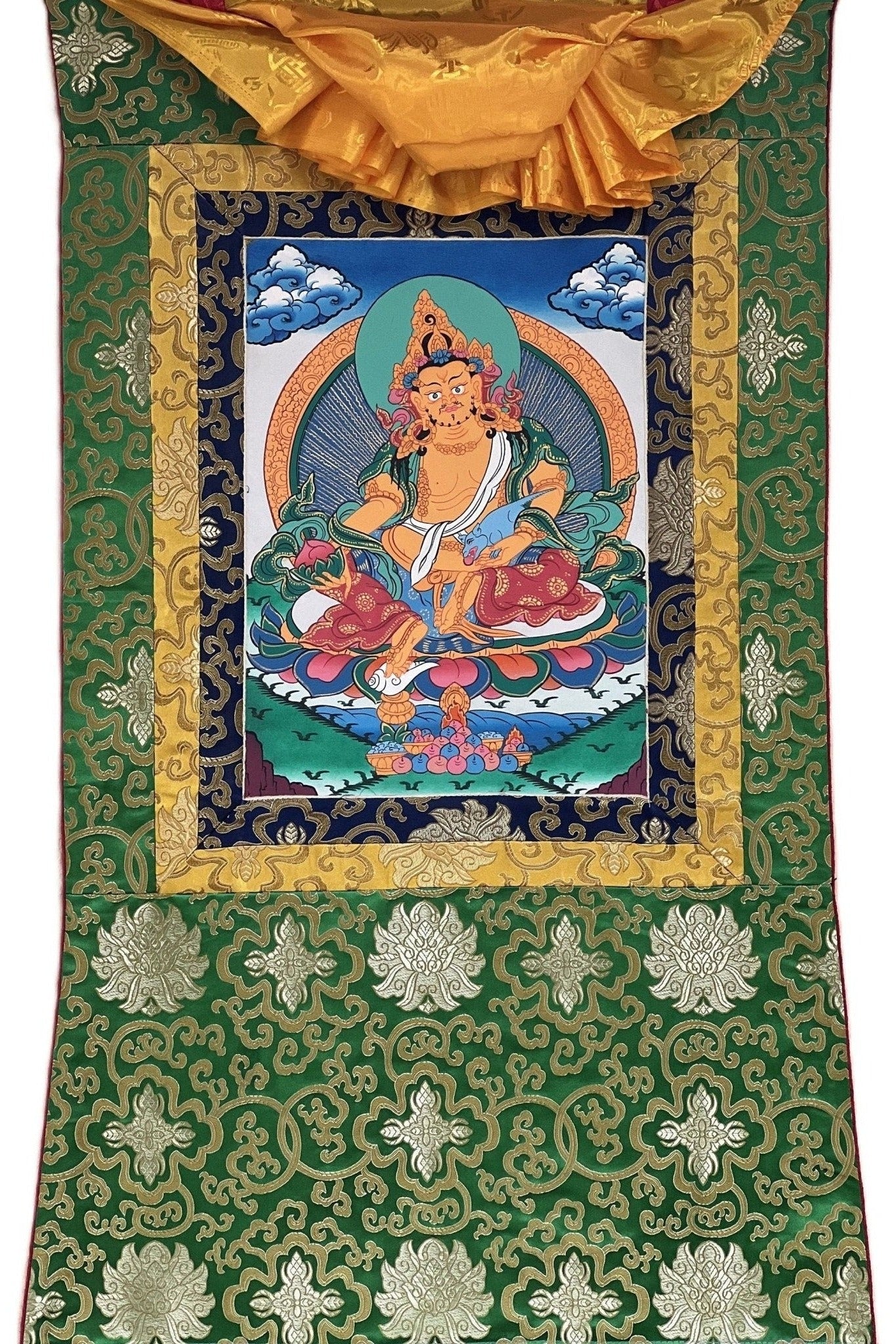Yellow Jambhala/ Zambala/Kuber God of Wealth Tibetan Thangka Painting/ Original Buddhist Meditation Art with Silk Border - Tibetan Thangka Art