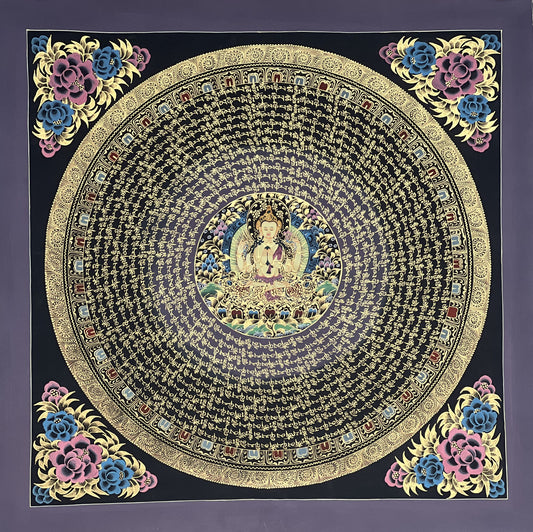 Chenrezig Om Mani Padme Hum Mantra Mandala  Original Tibetan Thangka Painting Buddhist Meditation Art/Hand Painting